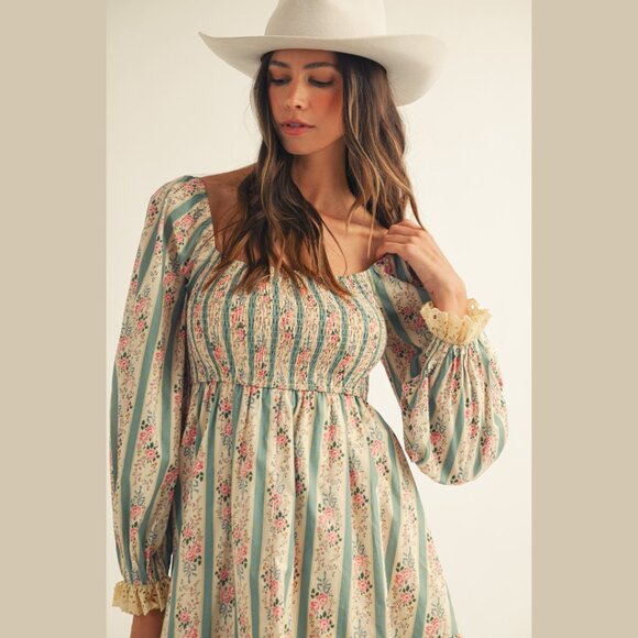 LOVLOV Vintage Floral Maxi Dress Western Cottagecore Lace Trim Smocked Bodice - Picture 10 of 16